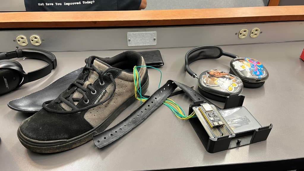 Gait AI complete assembly, shoe with embedded sensor insole connected to 3D-printed ESP32 ankle enclosure