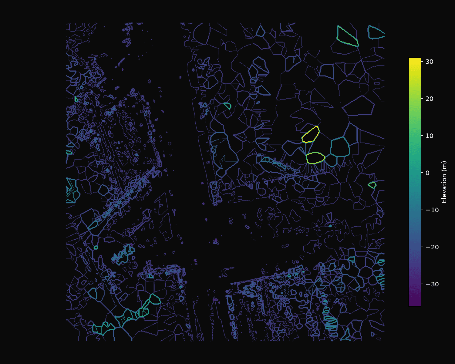 Elevation contour lines generated from classified LiDAR ground points, colored by elevation